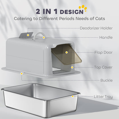 Stainless Steel Cat Litter Box with Removable Lid, Scoop, Filter Bags, for Larger Cats, Grey