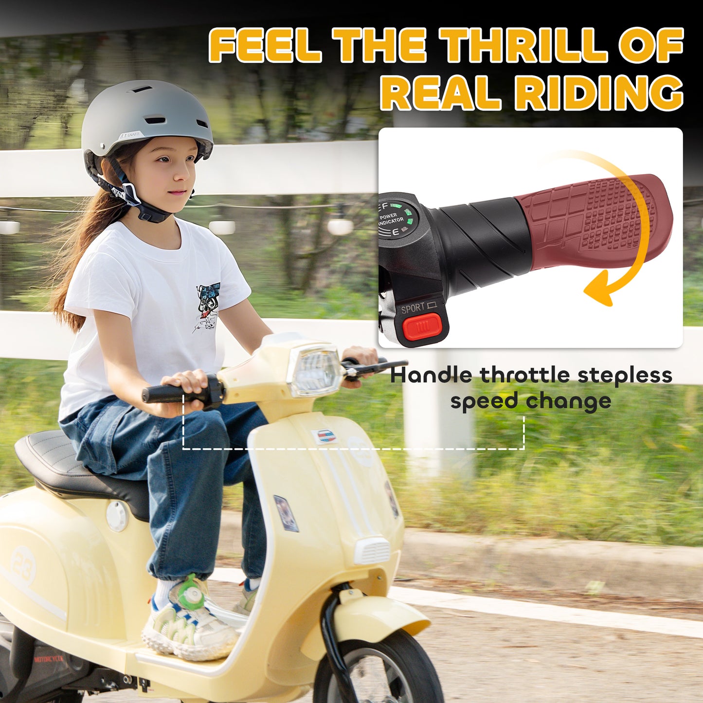 24V Kids Electric Motorbike, Ride on Motorcycle with Manual Throttle, Brakes and LED Lights for Ages 8-12 Years, Beige