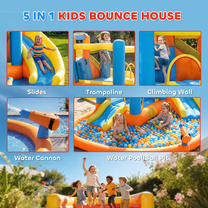 5 in 1 Bouncy Castle for Children, Inflatable Bounce House with Dual Slides, Pool, Climbing Wall, Water Cannons, Blower