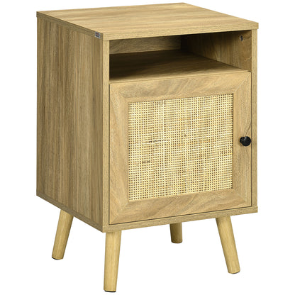 Bedside Table with Rattan Element, Side End Table with Shelf and Cupboard, 39cmx35cmx60cm, Natural