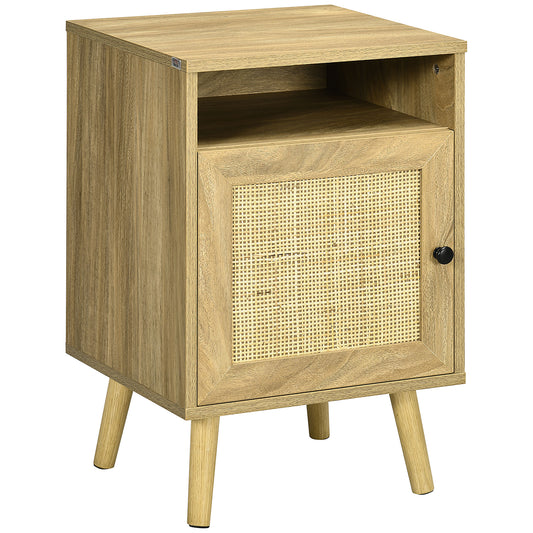 Bedside Table with Rattan Element, Side End Table with Shelf and Cupboard, 39cmx35cmx60cm, Natural