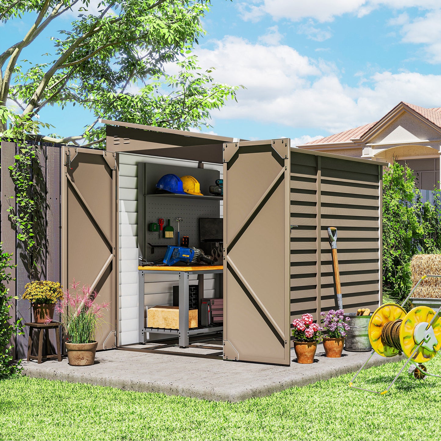 5 x 9ft Galvanised Metal Garden Shed with Foundation Kit, Outdoor Lean-to Shed, Tool Storage House for Garden, Brown