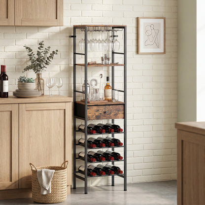 Industrial Wine Bar Cabinet Freestanding Liquor Cabinet 16-Bottle Wine Rack Glass Holder Rustic Brown