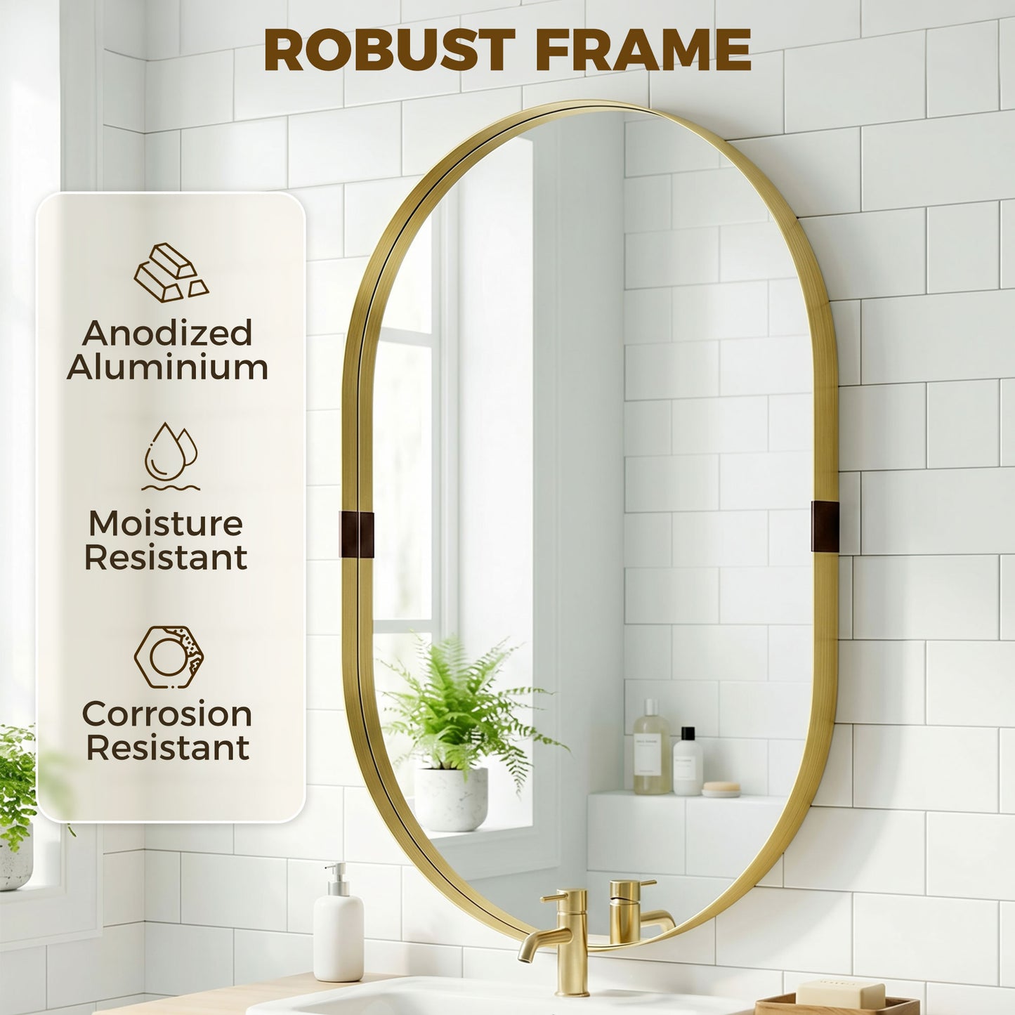Wall Mirror, Bathroom Mirror with Elevated Aluminium Alloy Frame, 60 x 90 cm, Gold Tone