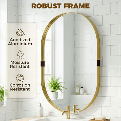 Wall Mirror, Bathroom Mirror with Elevated Aluminium Alloy Frame, 60 x 90 cm, Gold Tone