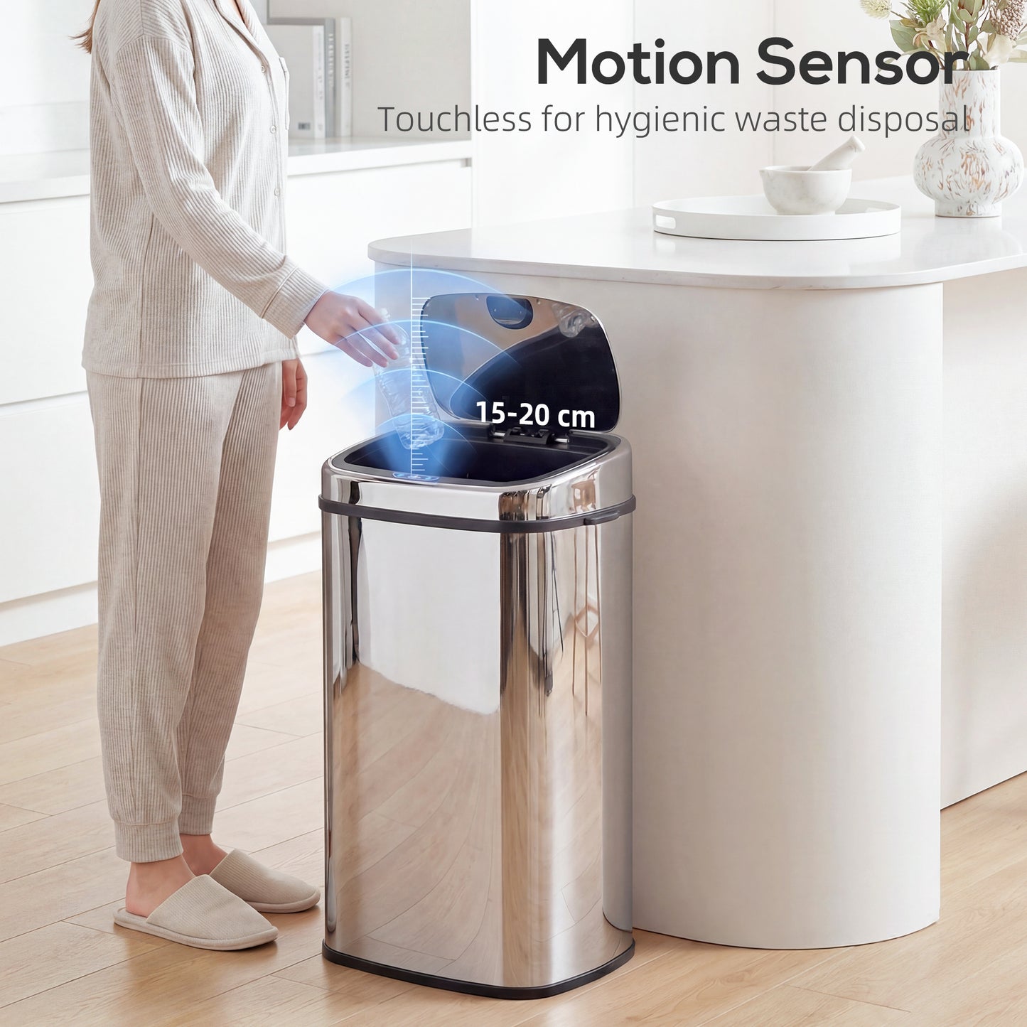 68L Automatic Sensor Bin, Touchless Stainless Steel Kitchen Rubbish Bin, Hands-Free Infrared Waste Dustbin