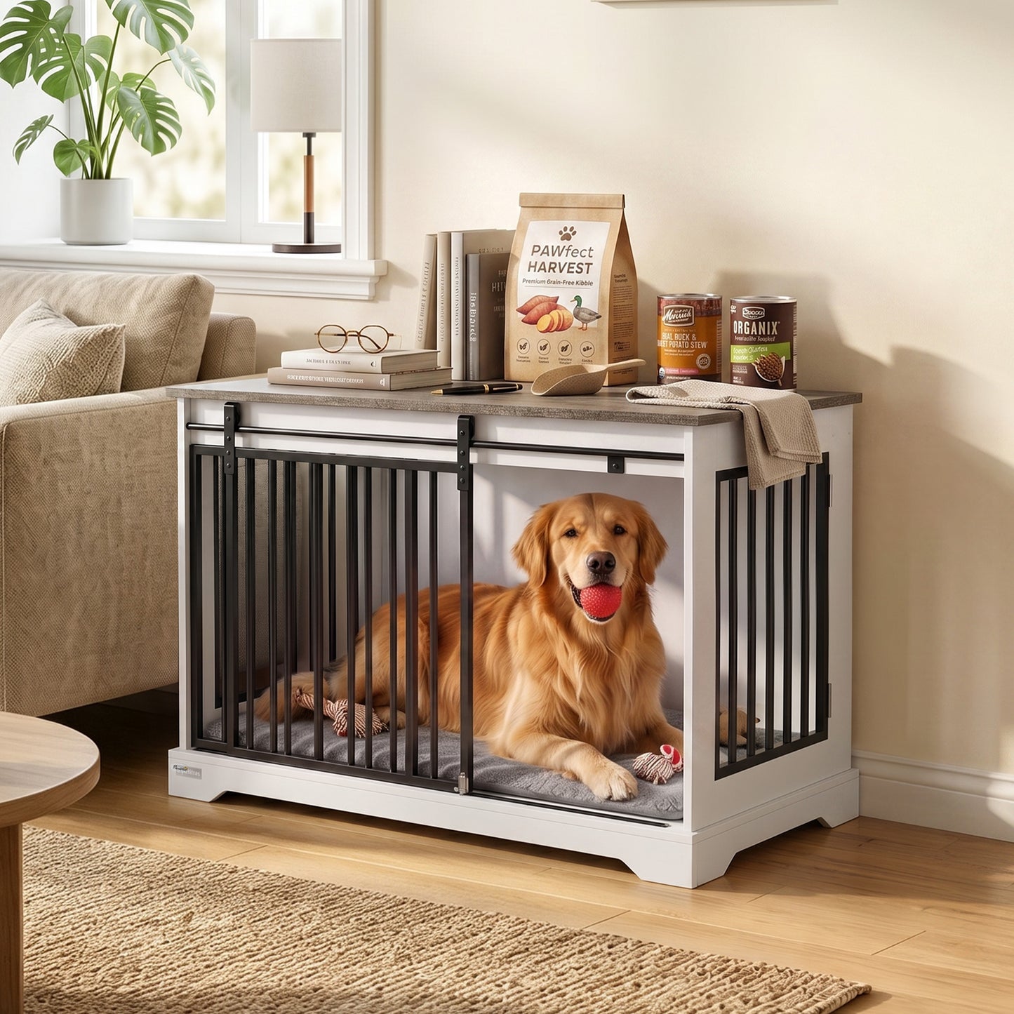 100 cm Large Dog Crate Furniture with Sliding Barn Door for Large Dogs, White