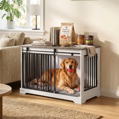 100 cm Large Dog Crate Furniture with Sliding Barn Door for Large Dogs, White