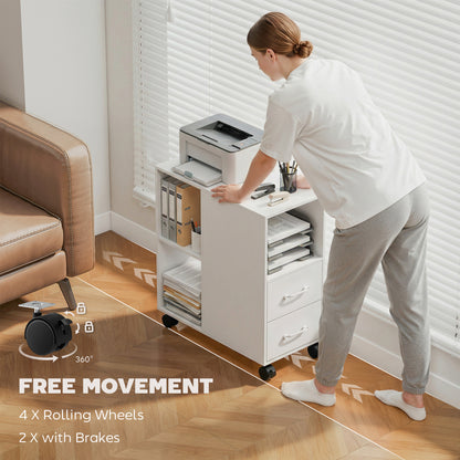 Narrow Mobile Printer Table with Wheels, Rolling Printer Stand with Drawers for Home Office, 30 x 60 x 65 cm, White