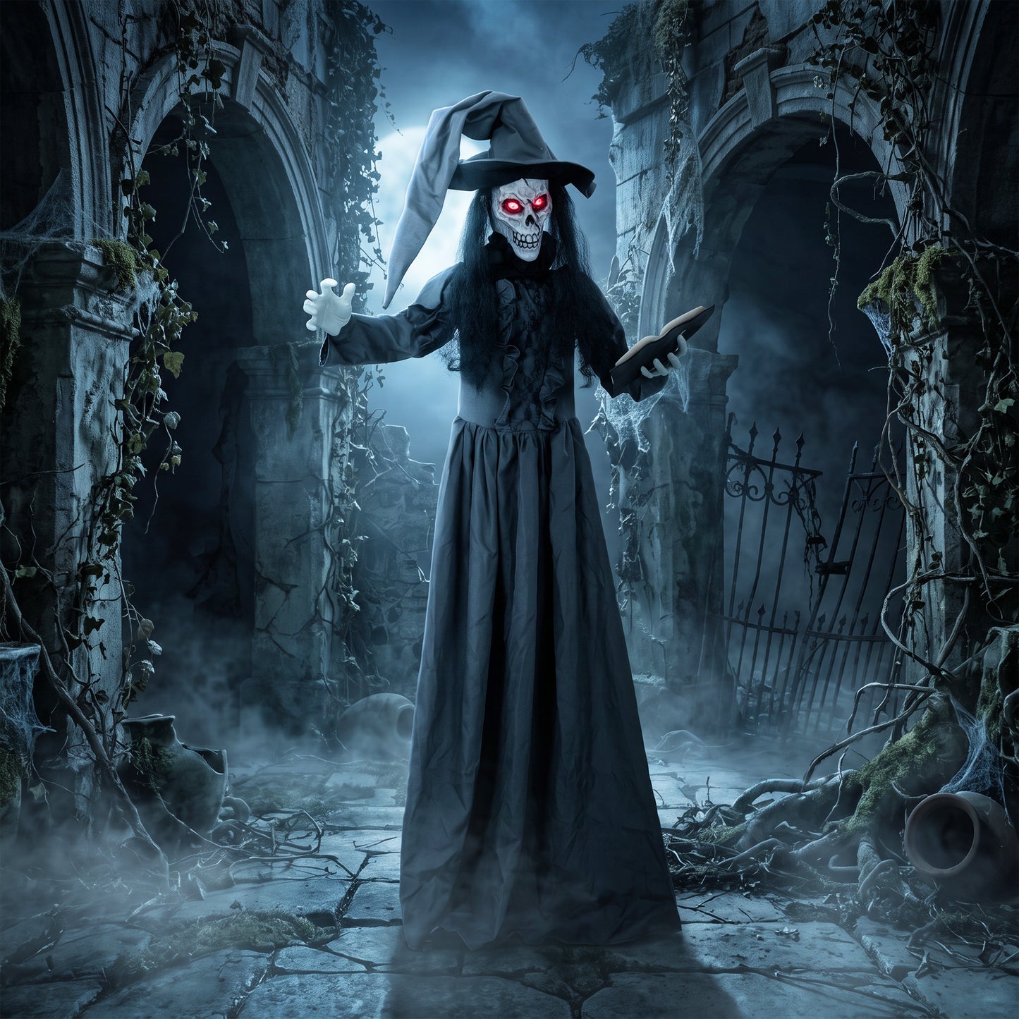 180cm Life Size Animated Witch Halloween Decorations Outdoor Indoor, Scary Halloween Animatronics Decor