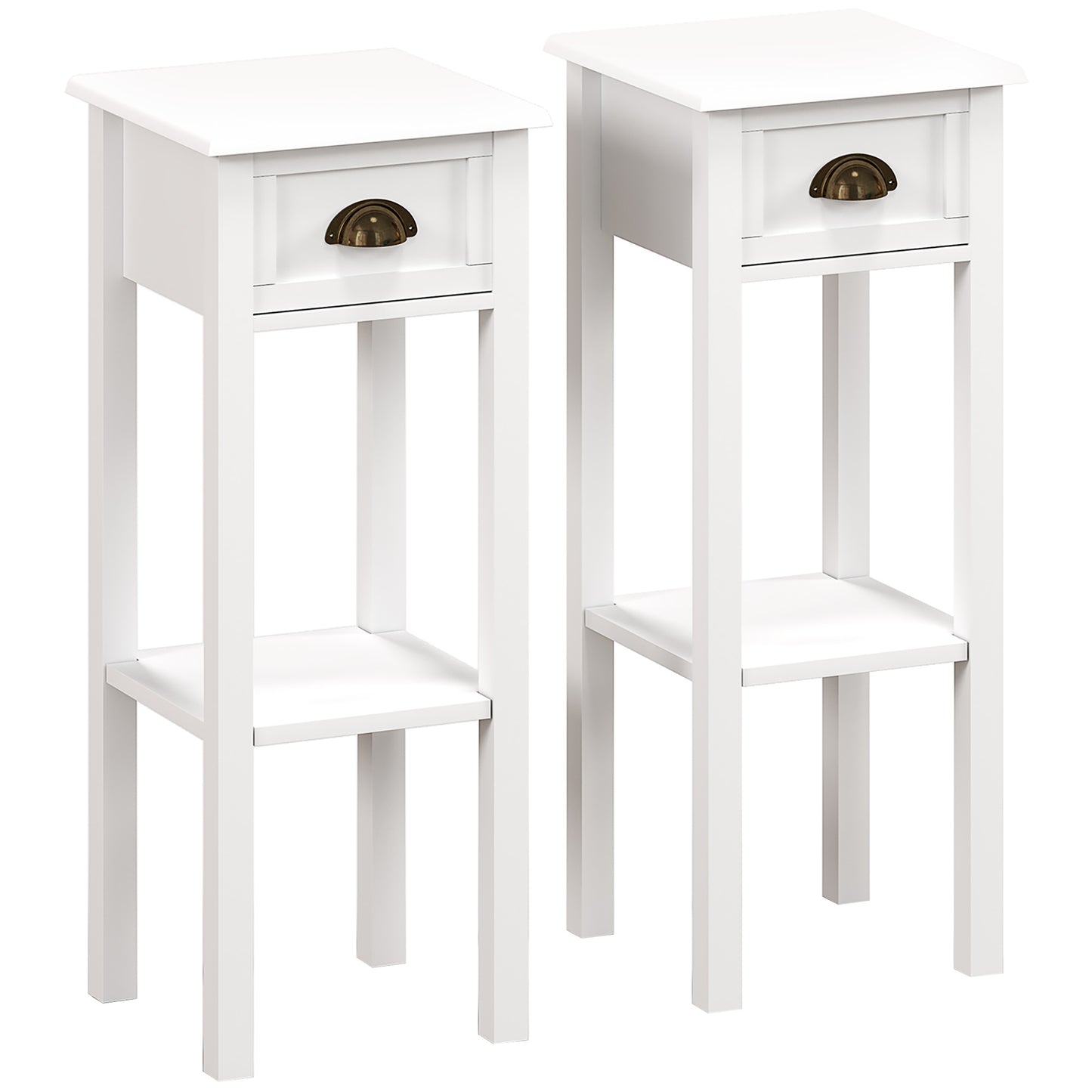 2-Tier Side Tables Set of 2 with Drawer and Shelf, 2 Pieces Bedside Tables for Living Room and Hallway, White