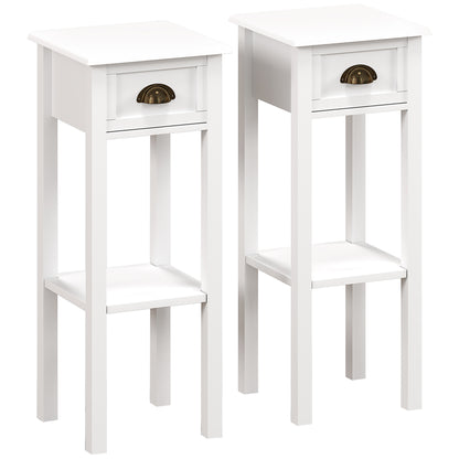 2-Tier Side Tables Set of 2 with Drawer and Shelf, 2 Pieces Bedside Tables for Living Room and Hallway, White
