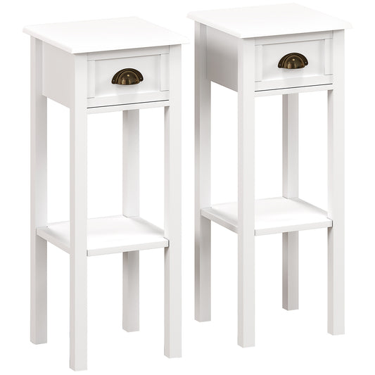 2-Tier Side Tables Set of 2 with Drawer and Shelf, 2 Pieces Bedside Tables for Living Room and Hallway, White