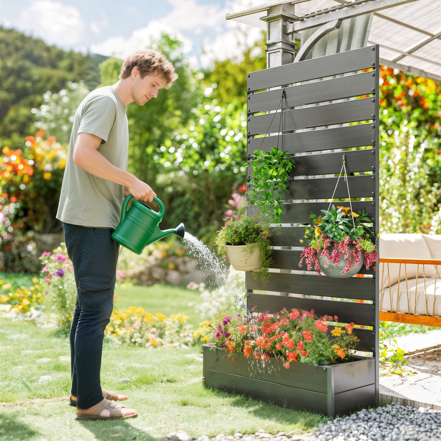Raised Bed for Garden, Planter with Trellis for Climbing Plants, Vines, Planter Box with Drainage Gap, Black