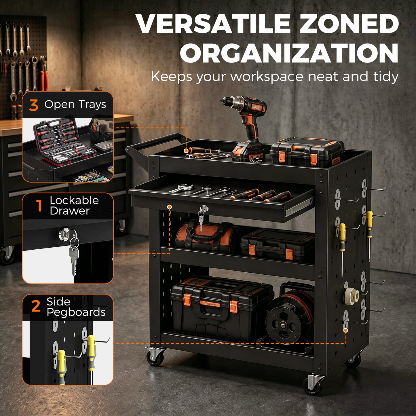 Tool Cart with Lockable Wheels, Rolling Workshop Cart with 3-Tier Trays, Drawer, Pegboards, Black