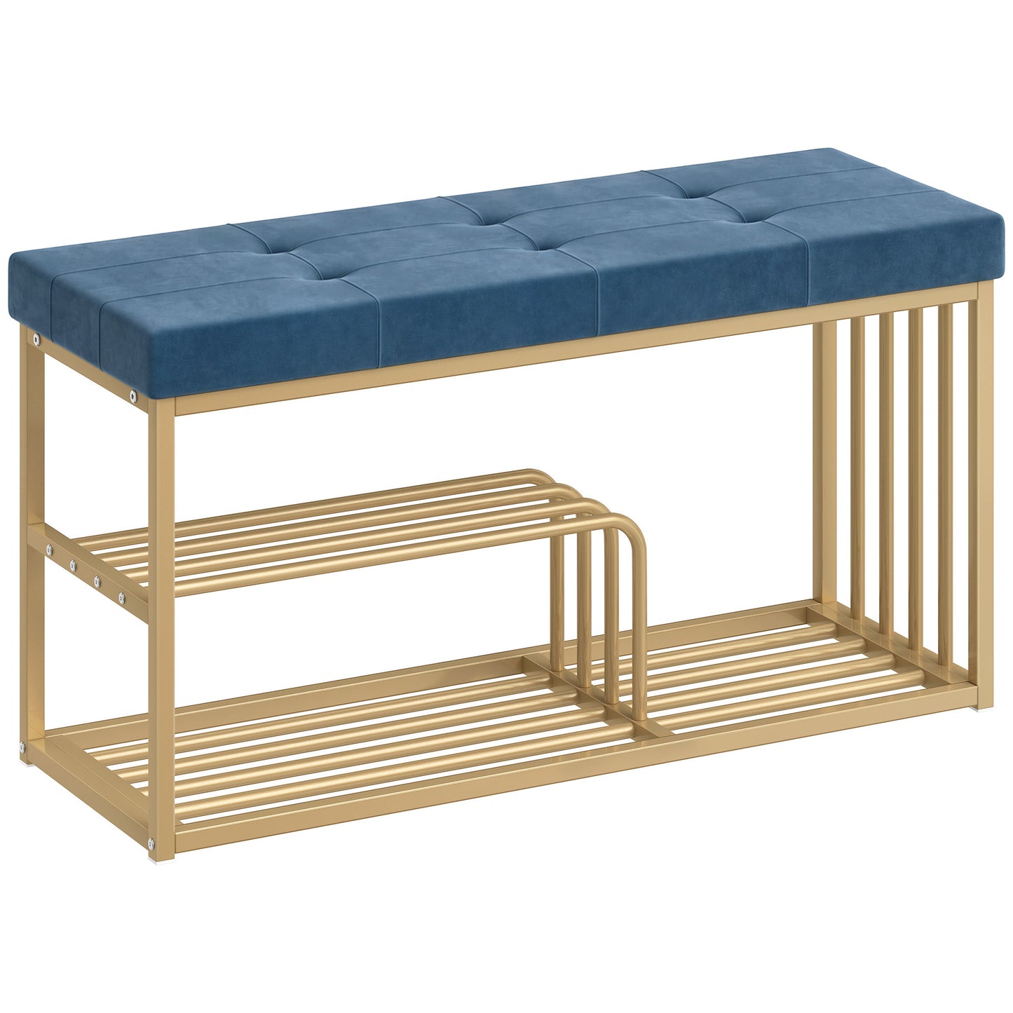 Bench and Shoe Storage, Tufted Shoe Storage Bench with Velvet Seat Cushion Gold Steel Frame for Entryway, Dark Blue