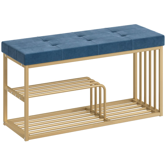 Bench and Shoe Storage, Tufted Shoe Storage Bench with Velvet Seat Cushion Gold Steel Frame for Entryway, Dark Blue