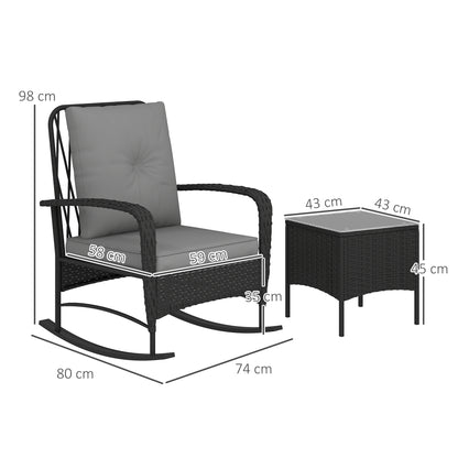 Three-Piece Rocking Chair Rattan Bistro Set - Black