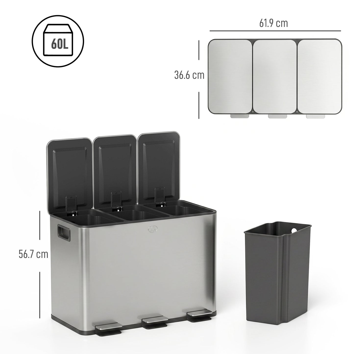 3 x 20L Pedal Bin, Steel Triple Kitchen Bin with Soft Close Lid, Removable Inner Buckets, Fingerprint-Proof, Silver Tone