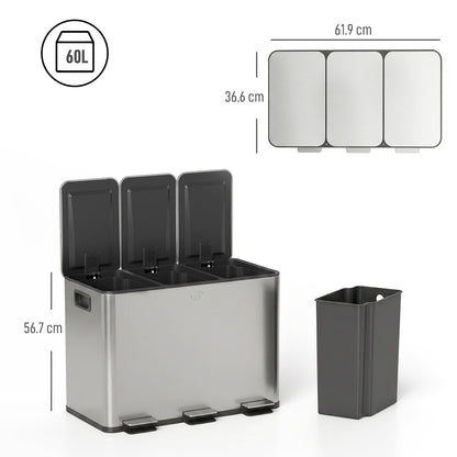 3 x 20L Pedal Bin, Steel Triple Kitchen Bin with Soft Close Lid, Removable Inner Buckets, Fingerprint-Proof, Silver Tone