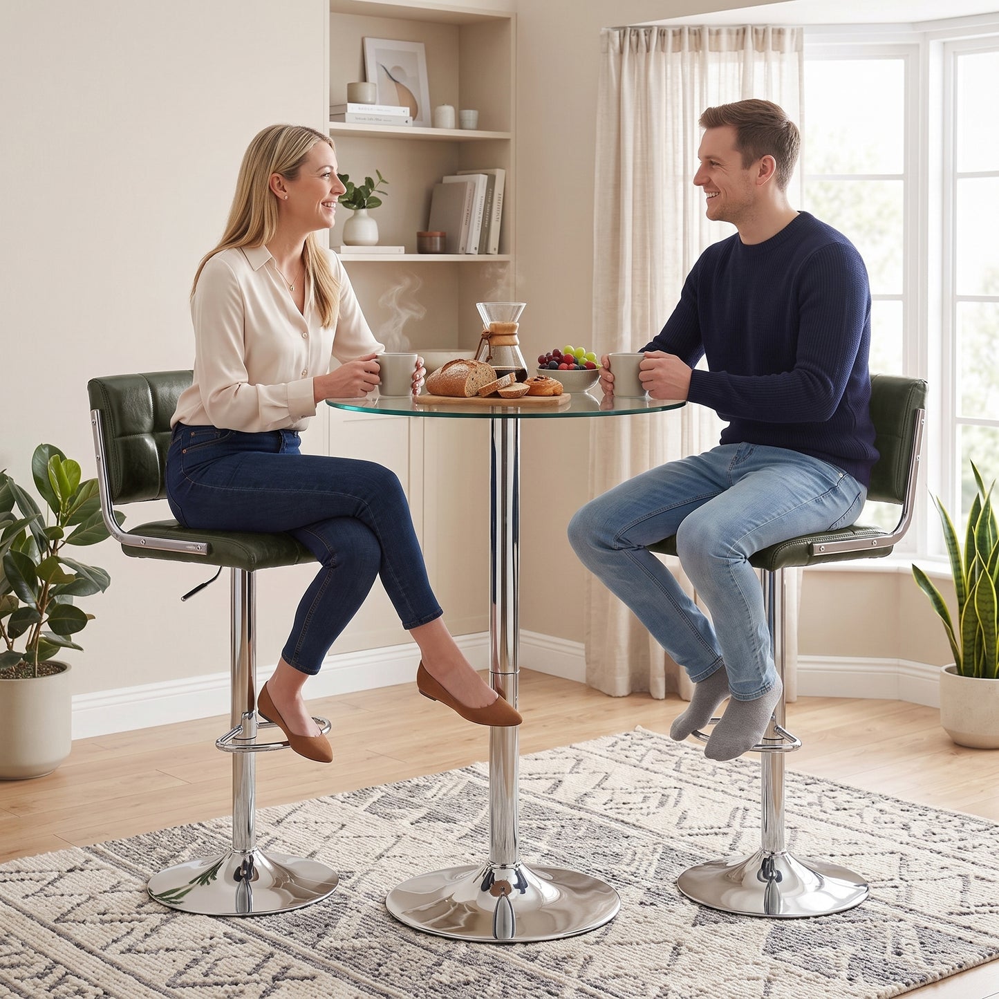 Bar Stools Modern PU Leather Adjustable Breakfast Bar Stools Backrest Set of 2 Green