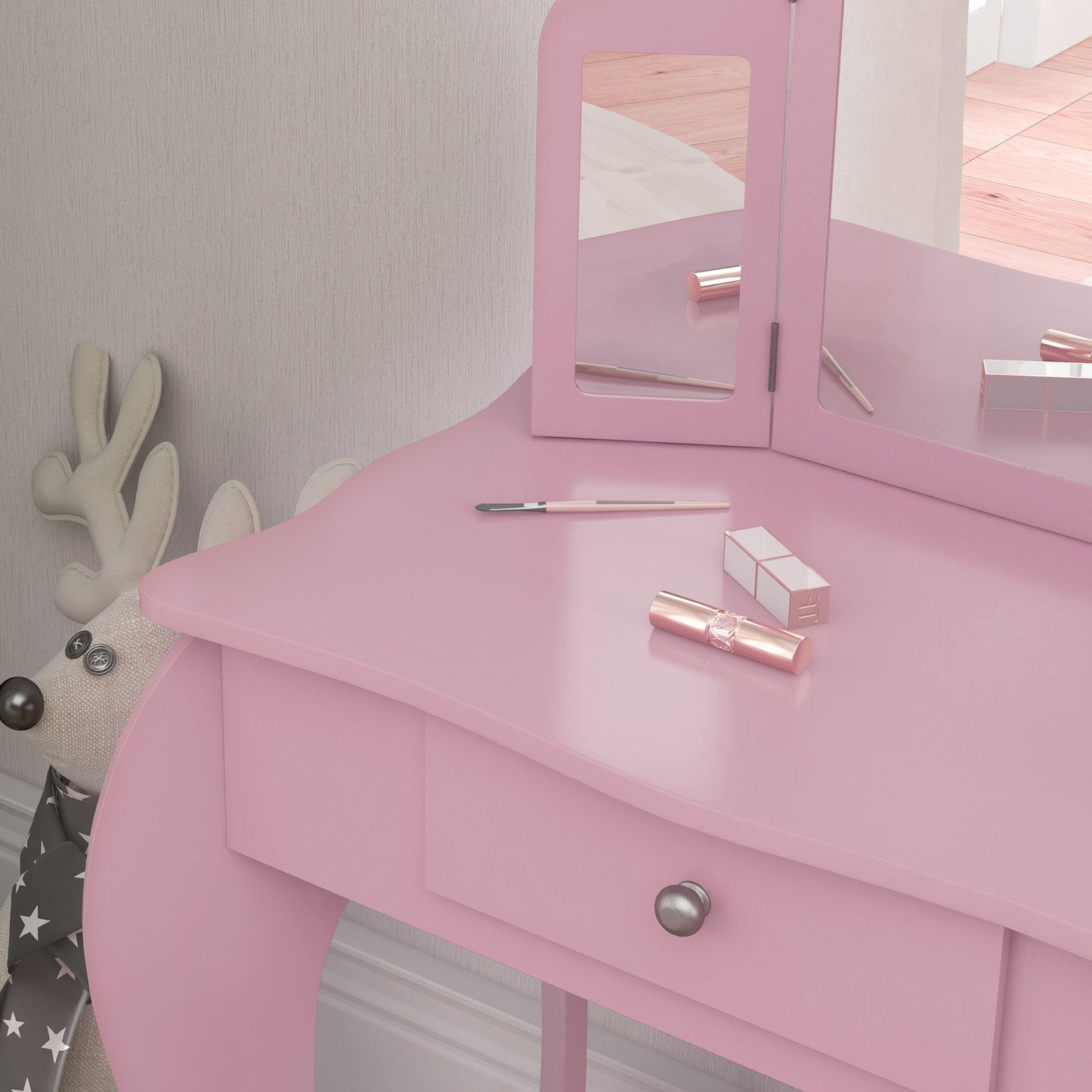 Kids Vanity Table and Chair Set with Tri-Folding Mirror and Stool, Makeup Dressing Table with Drawer, Pink