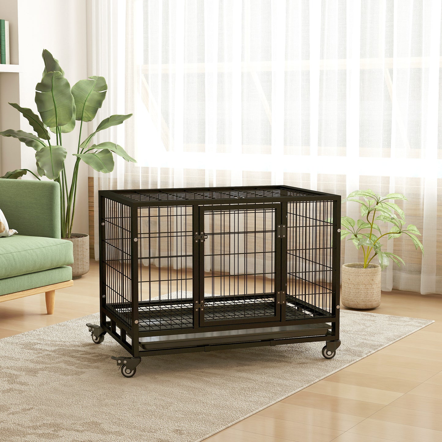 36" Heavy Duty Metal Dog Crate Pet Cage with Tray Wheeled Dog Kennel - Black (Medium)