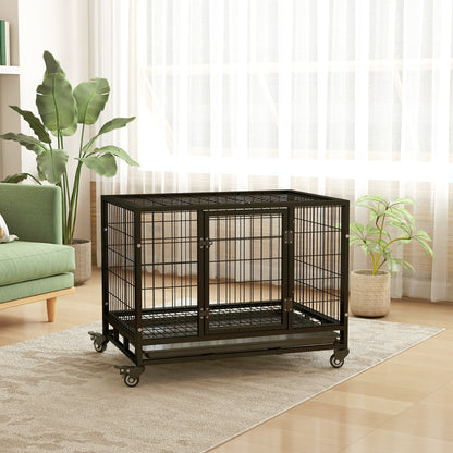 36" Heavy Duty Metal Dog Crate Pet Cage with Tray Wheeled Dog Kennel - Black (Medium)