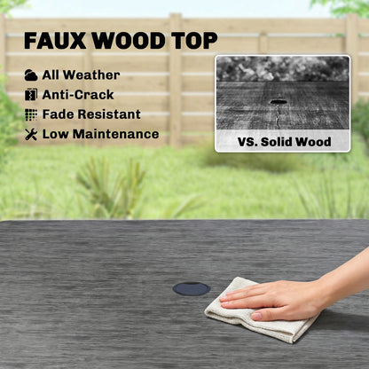 Garden Dining Table for 4, 85 cm Square Outdoor Table with Umbrella Hole, Faux Wood Top, Metal Legs, Dark Grey