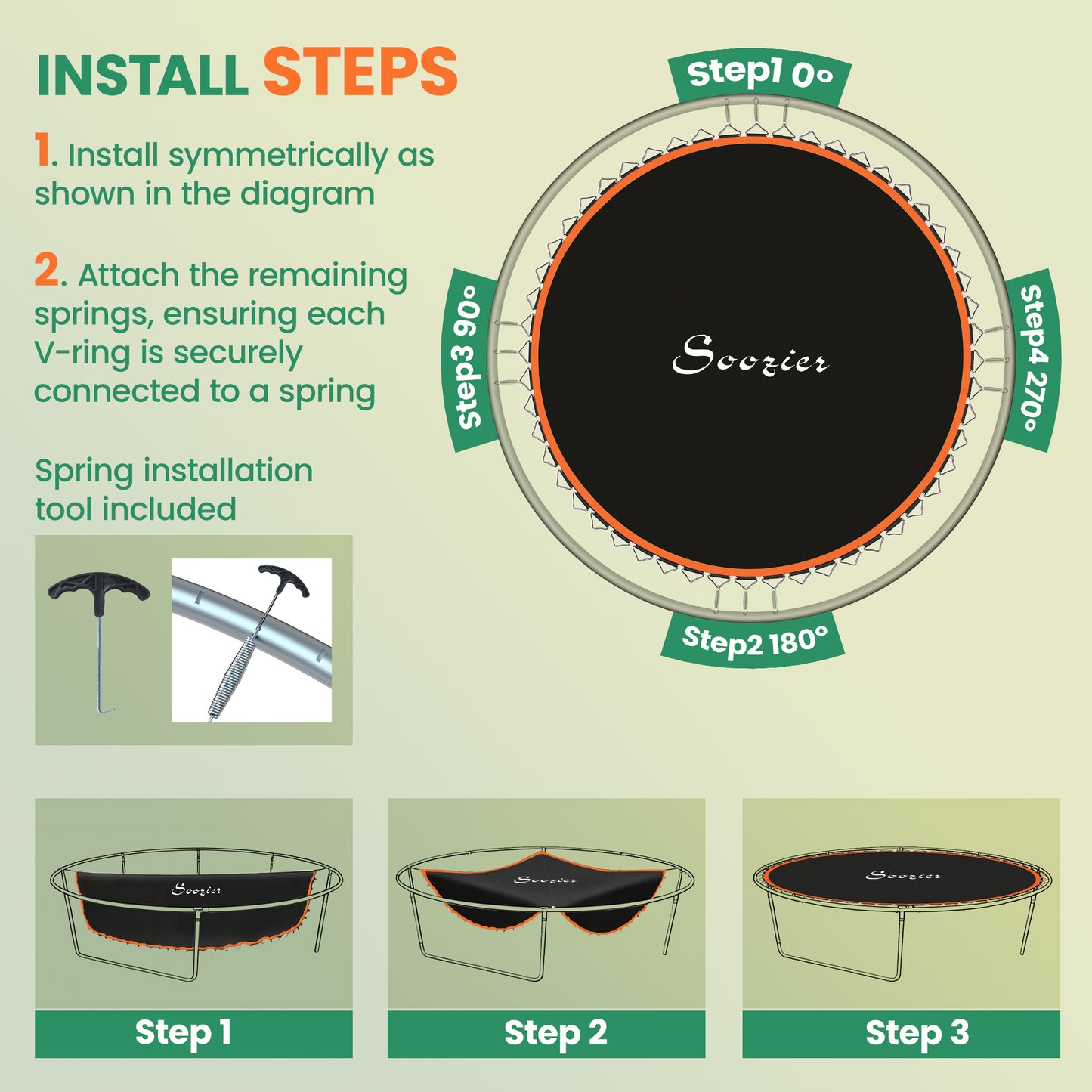 Replacement Trampoline Mat with Spring Pull Tool, 72 V-Hooks, for 12ft Trampoline using 14cm Springs, Orange