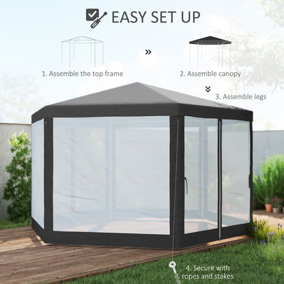 4M Hexagon Gazebo, Netting Party Tent, Patio Canopy Outdoor Event Shelter for Activities, Shade Resistant, Dark Grey
