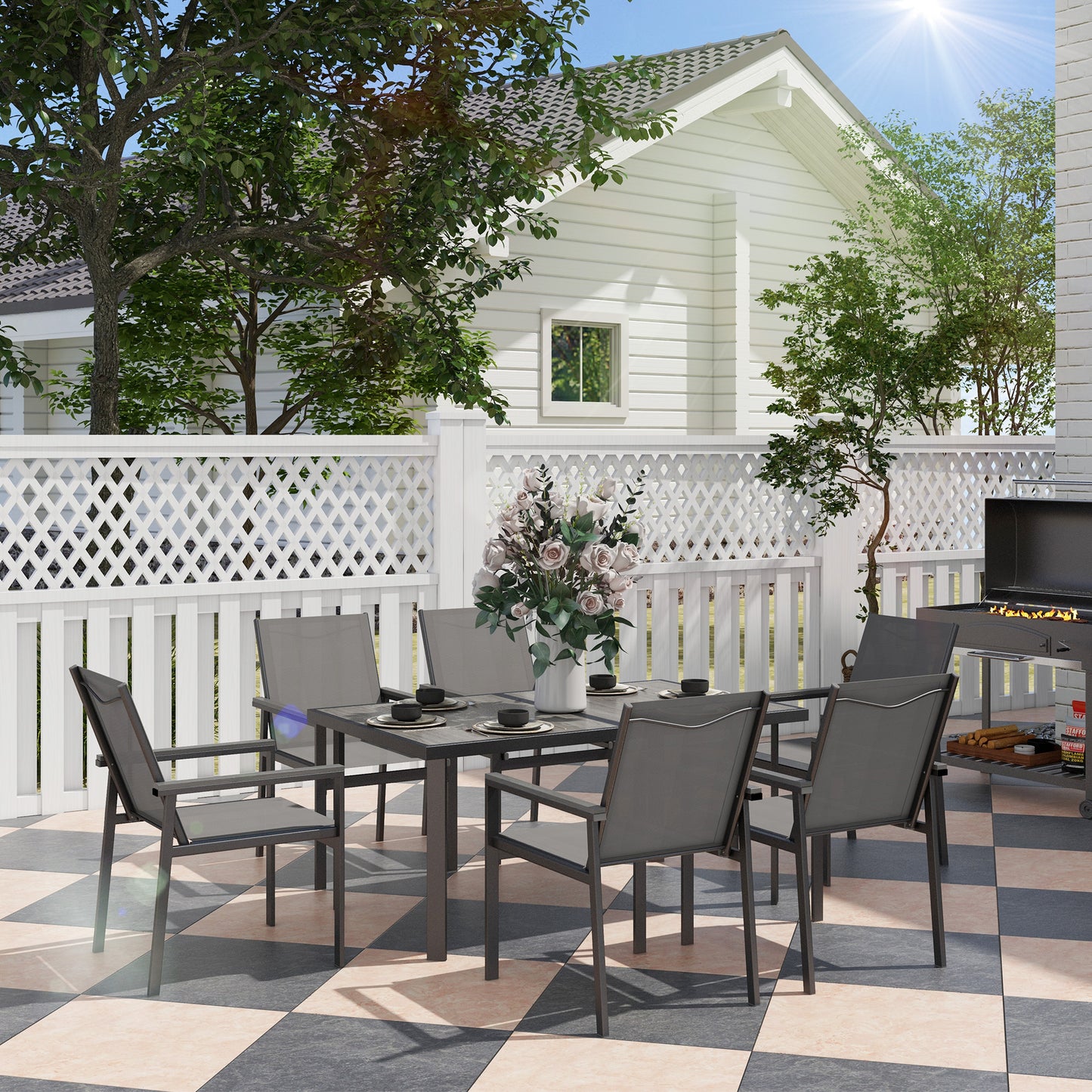 Seven-Piece Metal Dining Set with Glass-Top Table and Texteline Chairs - Grey