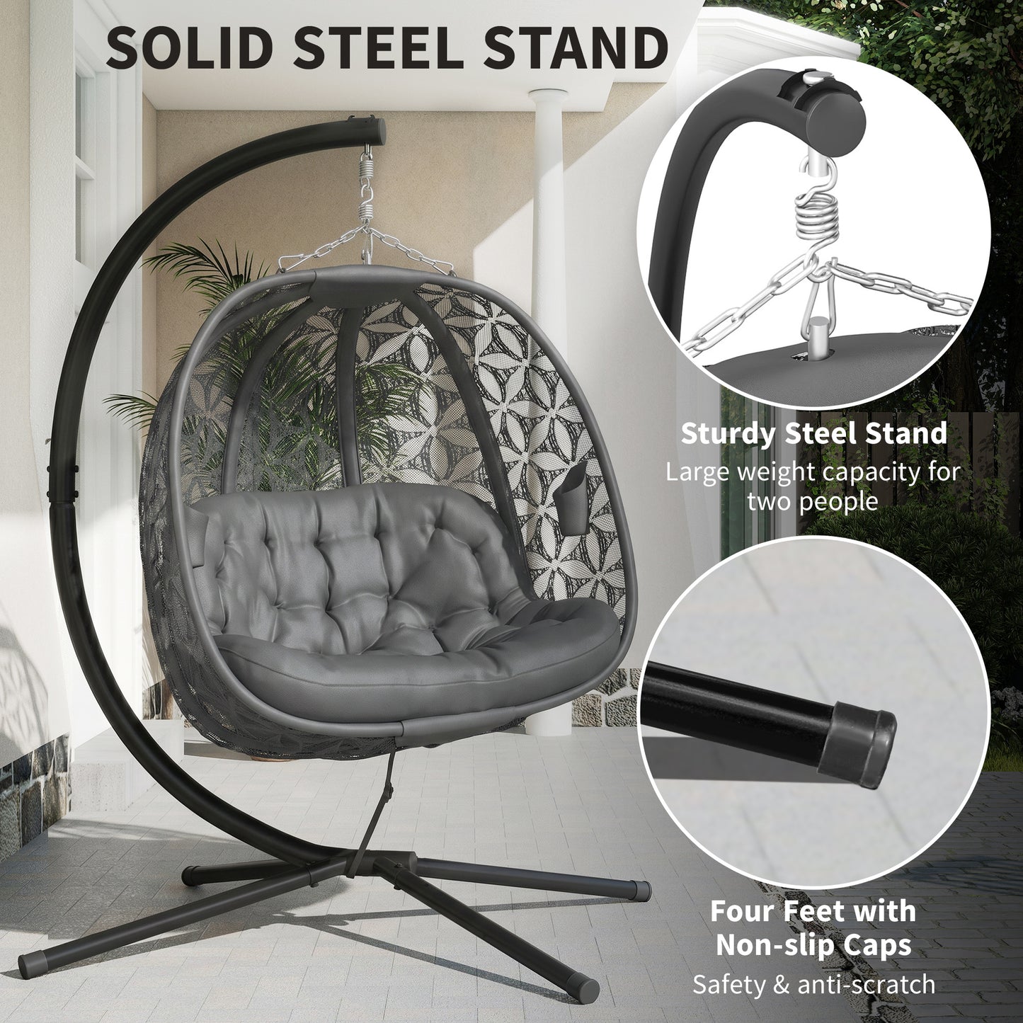 Outdoor Double Hanging Chair with Cushion and Cup Holders, Charcoal Grey