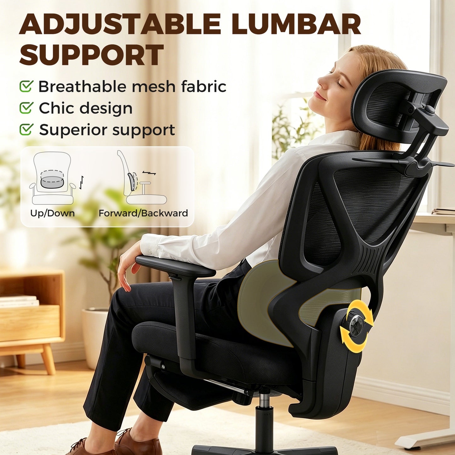 Mesh Desk Chair with 3D Armrests, Ergonomic Office Chair with Rotatable Headrest, Black