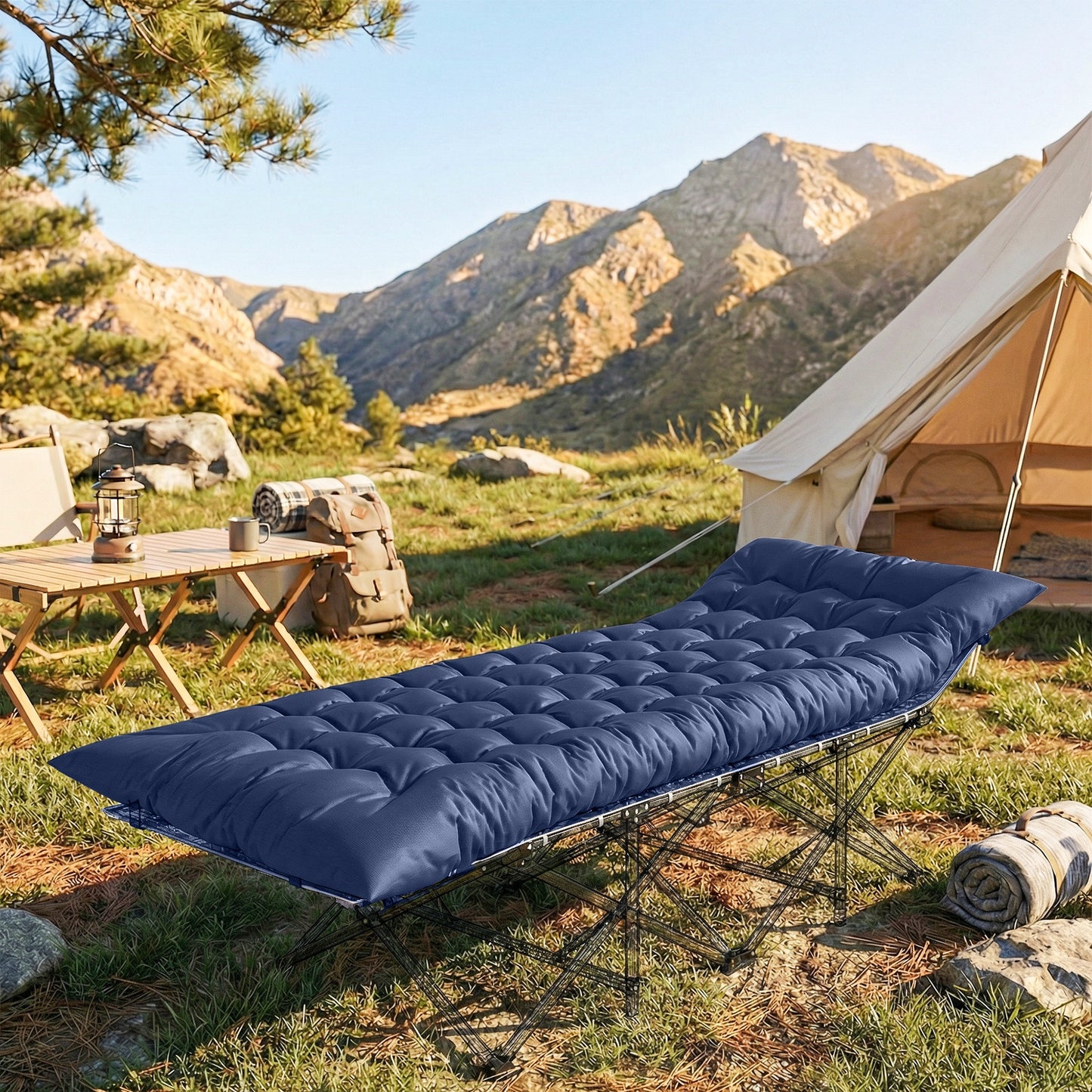 Sleeping Mat, Foldable Camping Mattress Pad with Four Corner Elastic Straps, Dark Blue
