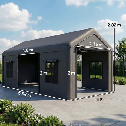 3 x 6 m Heavy Duty Carport, Portable Garage Car Canopy Tent with Galvanised Frame, Doors, Windows, Dark Grey