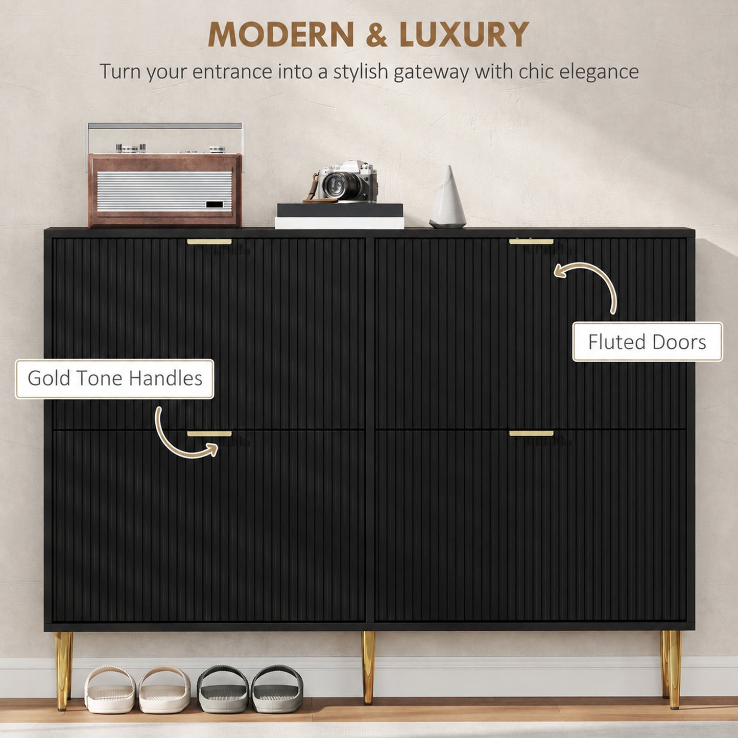 Elegant Four-Drawer Shoe Cabinet - Black