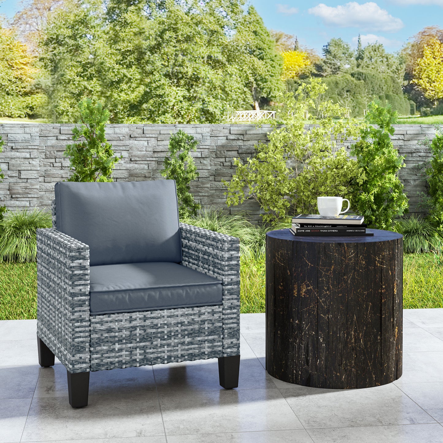 Single Rattan Armchair, with Cushions - Light Grey