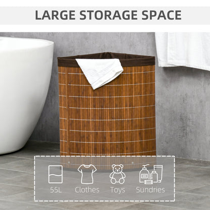 Bamboo Laundry Basket with Lid, 55 Litres Laundry Hamper with Removable Washable Lining, Corner Washing Baskets