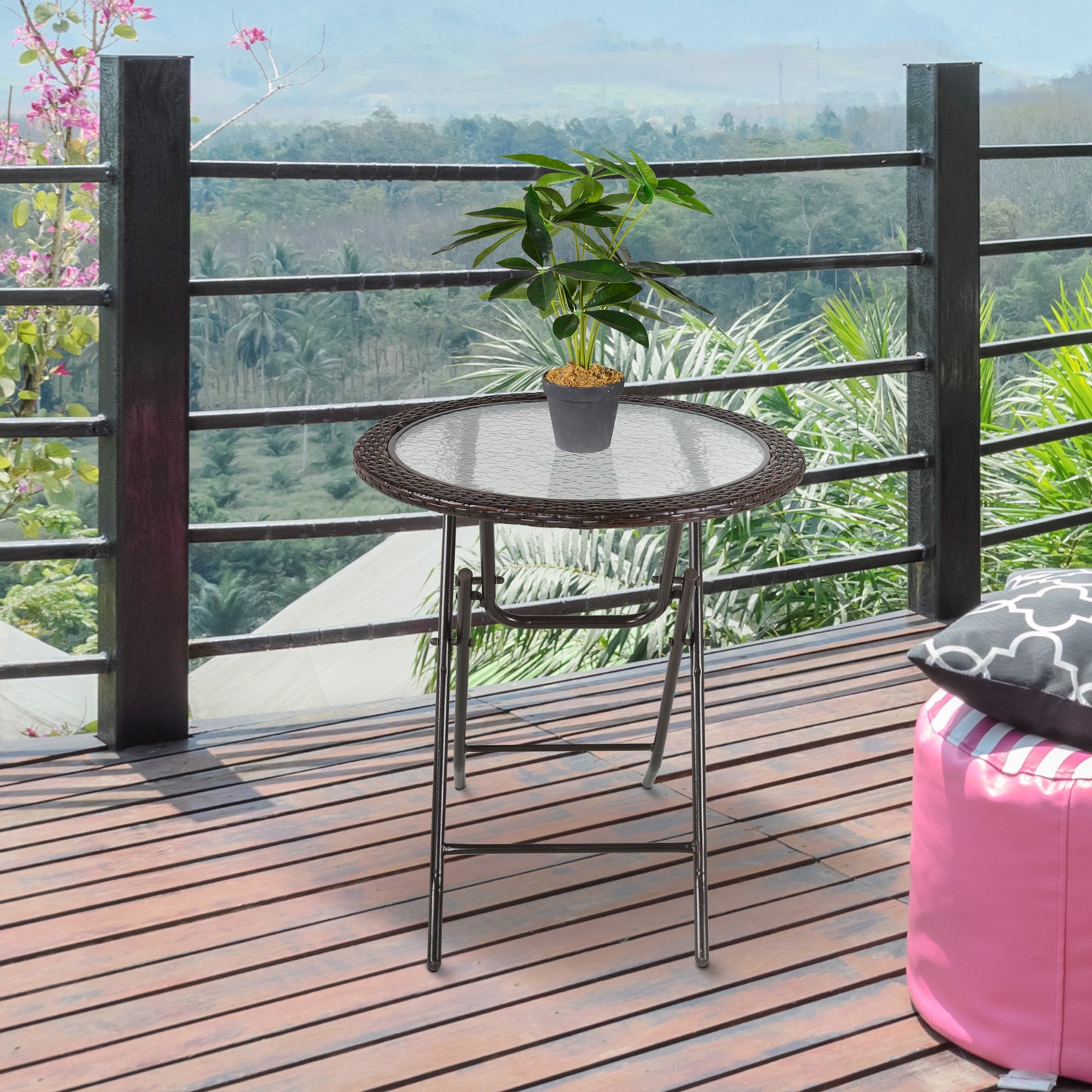 Folding Rattan Garden Dining Table, 68 cm Round Rattan Garden Table with Water Ripple Tempered Glass Top