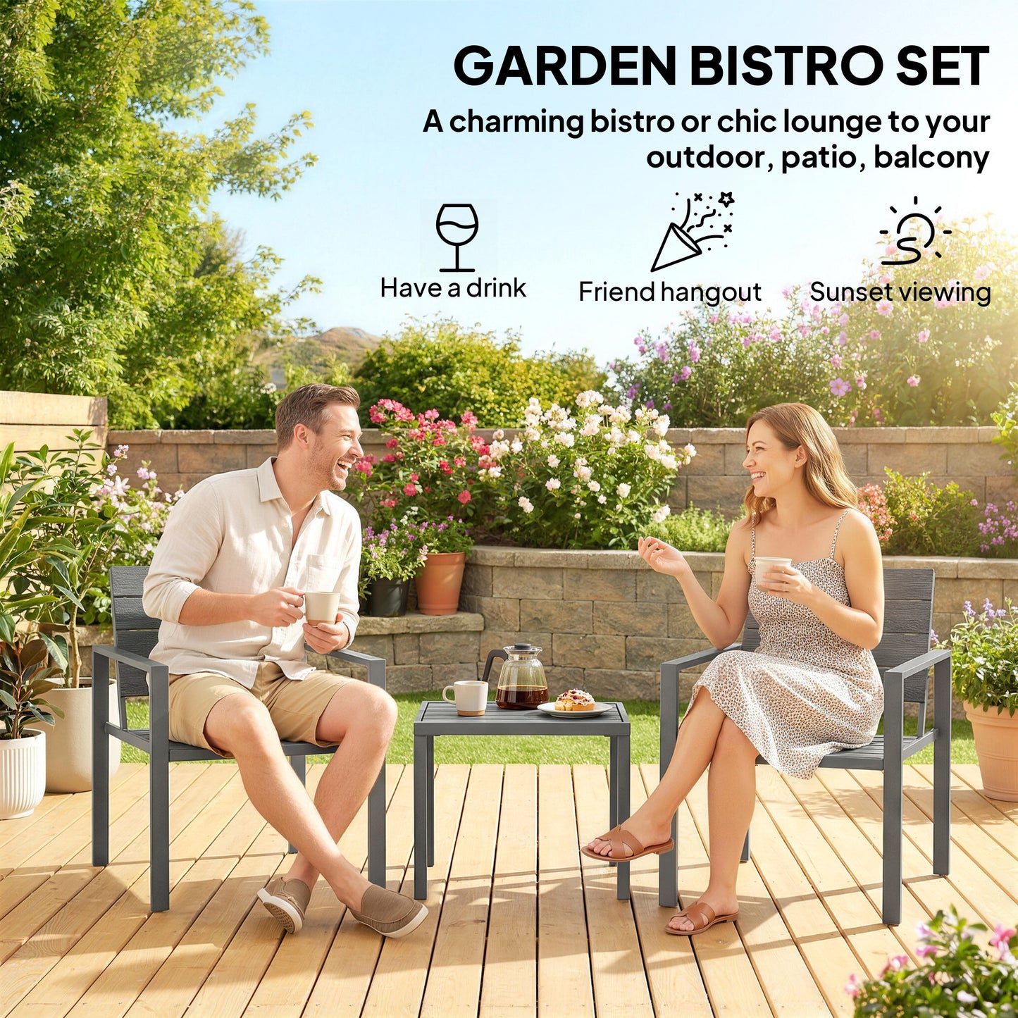 3 Pieces Garden Bistro Set for 2, Outdoor Bistro Table and Chairs with Metal Frame, Plastic Patio Furniture Set