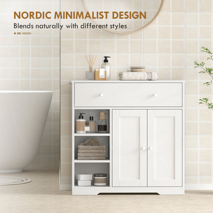 Bathroom Floor Cabinet, Freestanding Bathroom Cabinet with Drawer, Door, Open Shelves, White