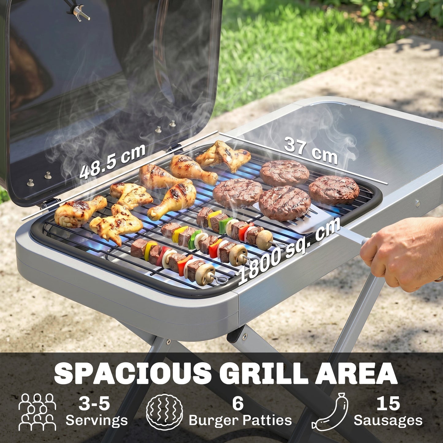 Foldable Gas BBQ Grill with Side Table, Portable Gas Barbecue Grill with Thermometer, Grease Box, Wheels, 2.5 kW, Black