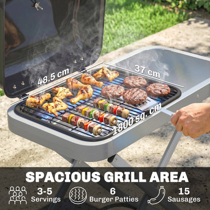 Foldable Gas BBQ Grill with Side Table, Portable Gas Barbecue Grill with Thermometer, Grease Box, Wheels, 2.5 kW, Black
