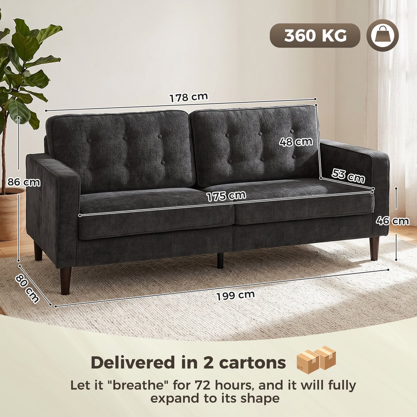3 Seater Sofa Button Tufted Upholstered Couch with Wood Legs for Living Room, Dark Grey