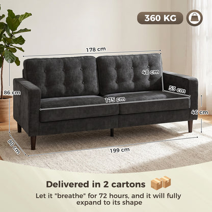 3 Seater Sofa Button Tufted Upholstered Couch with Wood Legs for Living Room, Dark Grey