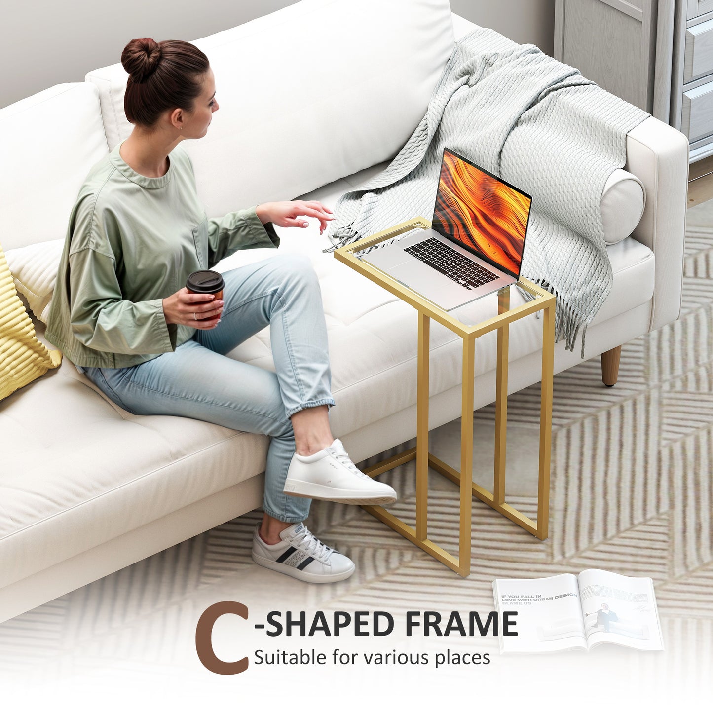 C-Shaped Side Table, Modern Slim End Table with Tempered Glass Tabletop, Steel Frame for Small Space, Living Room, Bedroom