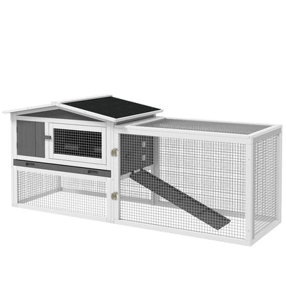 Rabbit Hutch with Run Wooden Guinea Pig Hutch Outdoor Bunny Cage Hide House with Sliding Tray, Hay Rack, Ramp