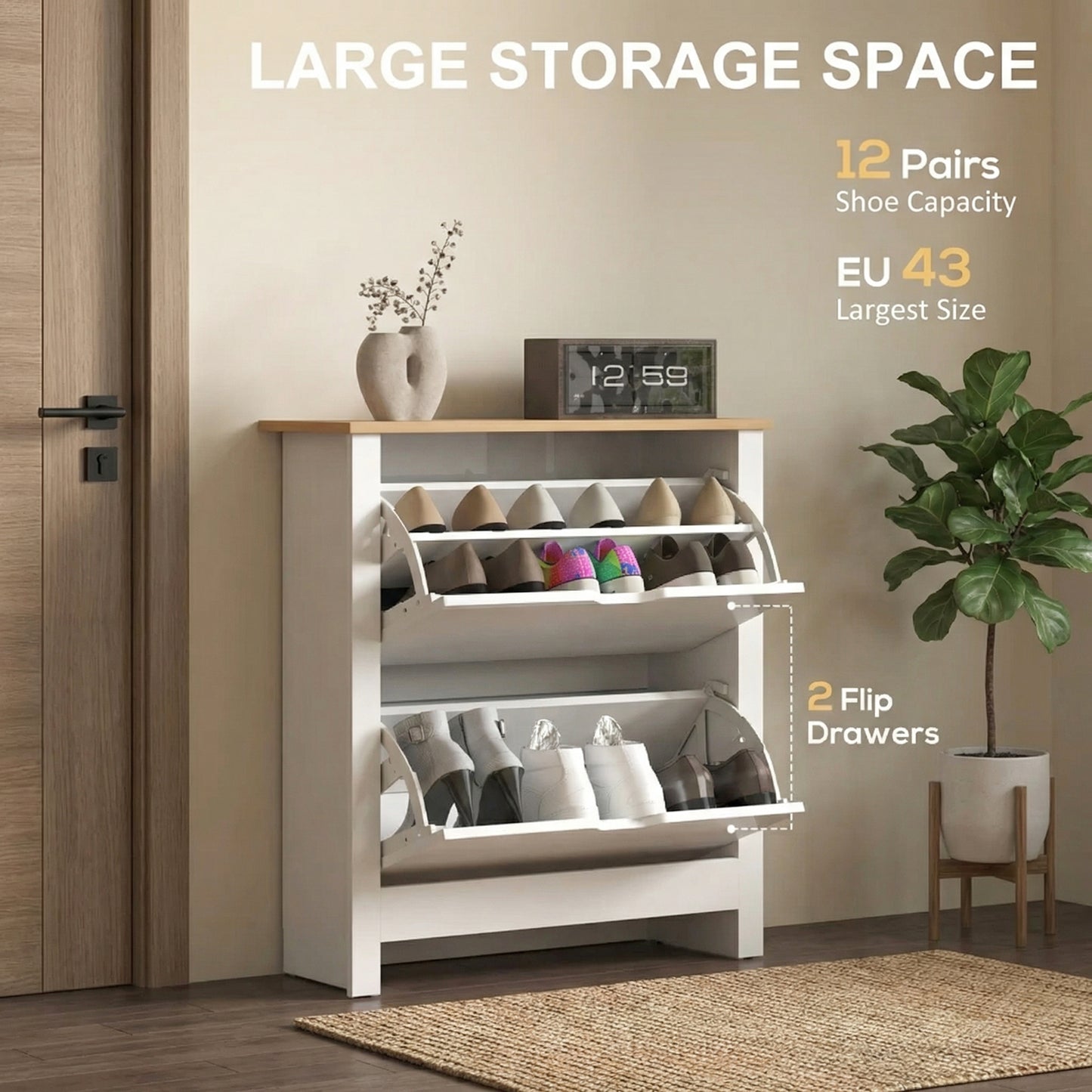 Slim Shoe Cabinet, Narrow Shoe Cupboard with 2 Flip Drawers, Adjustable Shelves for 12 Pairs of Shoes, High Gloss White