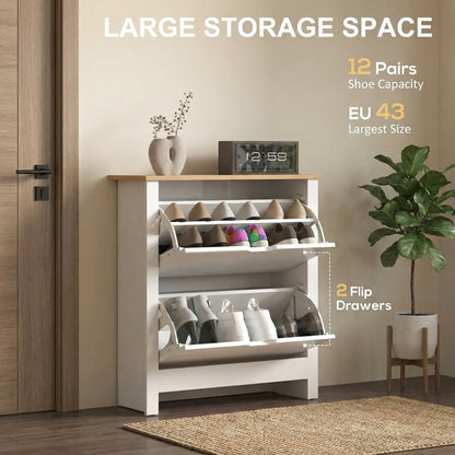 Slim Shoe Cabinet, Narrow Shoe Cupboard with 2 Flip Drawers, Adjustable Shelves for 12 Pairs of Shoes, High Gloss White